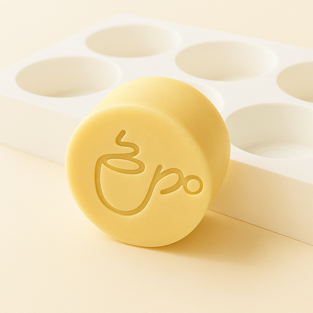 Silikon-Butterform, personalisierte Schokoladen- und Süßigkeitenform | Lebensmittelechte Silikonform, Ø60x27mm - 75 g - 6 Mulden, individueller Text oder Logo